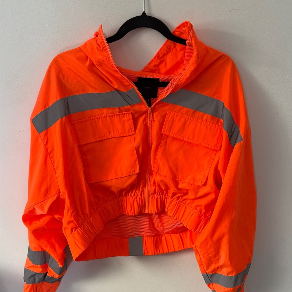 Forever 21 Neon Orange Hooded Jacket with Gray Stripes